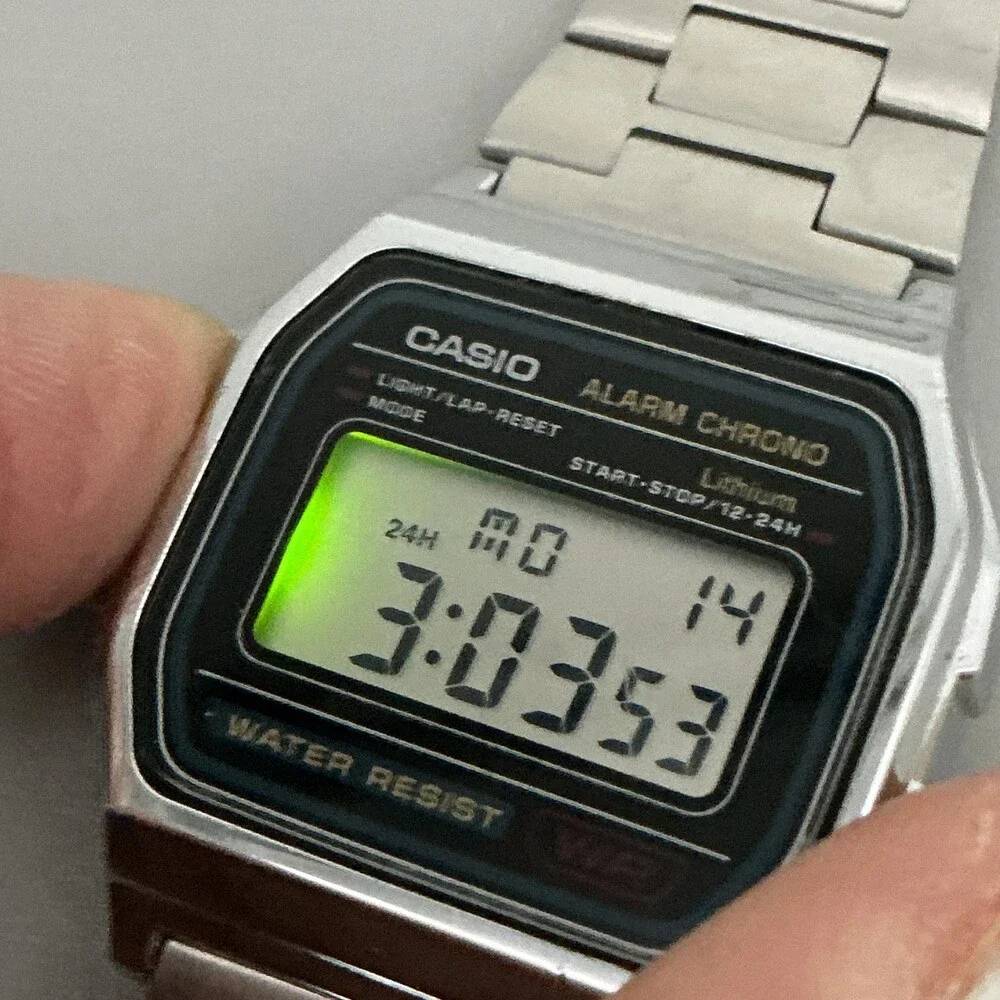 Casio A158W Alarm Chrono Mens Watch 33mm Digital Gray Stainless Bracelet
